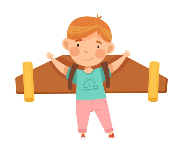 Niño emocionado con alas falsas improvisadas fingiendo volar de pie y agitando la mano Ilustración vectorial