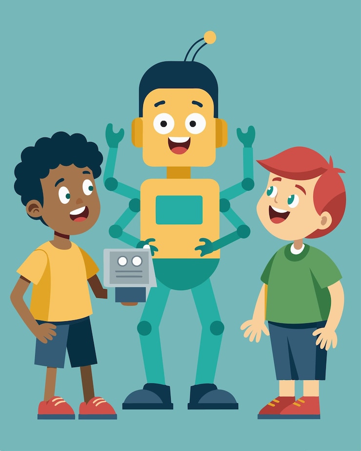 Vector un niño emocionado mostrando su robot hecho a mano a sus amigos todos los cuales están igualmente impresionados por