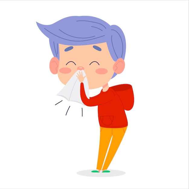 Niño enfermo estornudo. el niño tiene resfriado o síntoma alérgico.