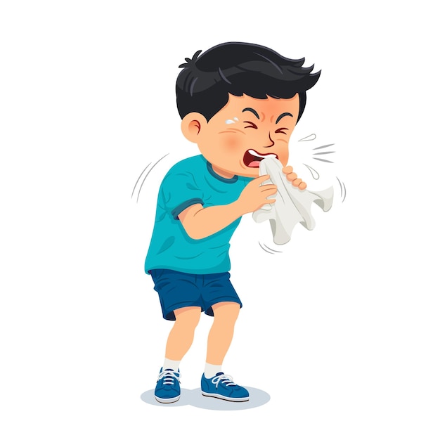 Niño enfermo. Un niño que tose sostiene un pañuelo en la mano. ilustración vectorial