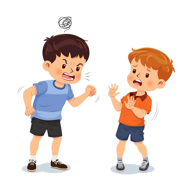 Niño enojado gritando a un amigo. Los niños son intimidados. ilustración vectorial