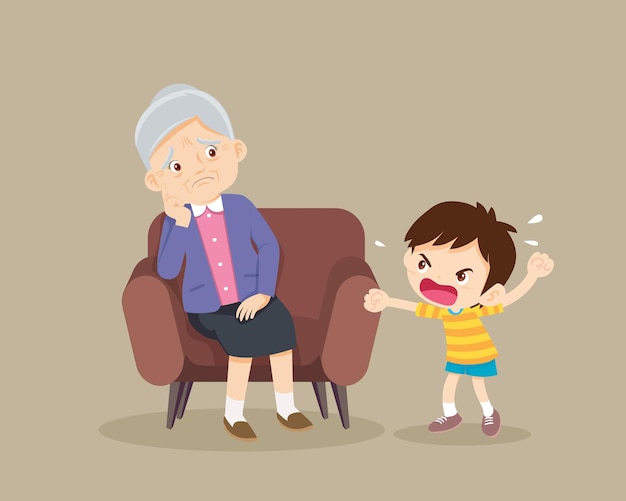 Niño enojado regaña a un anciano triste Niño agresivo grita a una anciana asustada