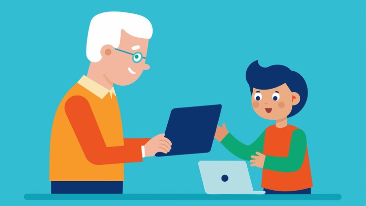 Vector un niño enseñando a una persona mayor cómo usar un dispositivo de tecnología moderna para cerrar la brecha generacional y promover la flexibilidad cognitiva ilustración vectorial