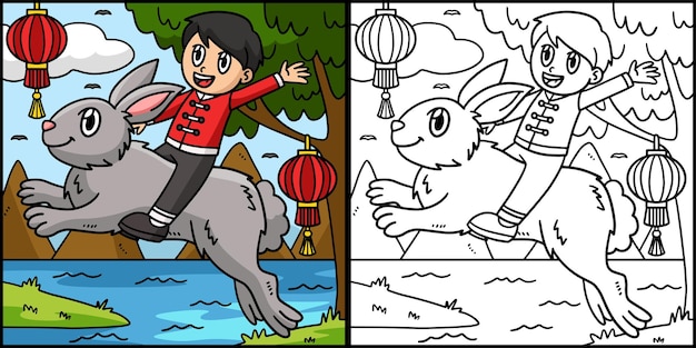 niño, equitación, conejo, colorido, página, ilustración