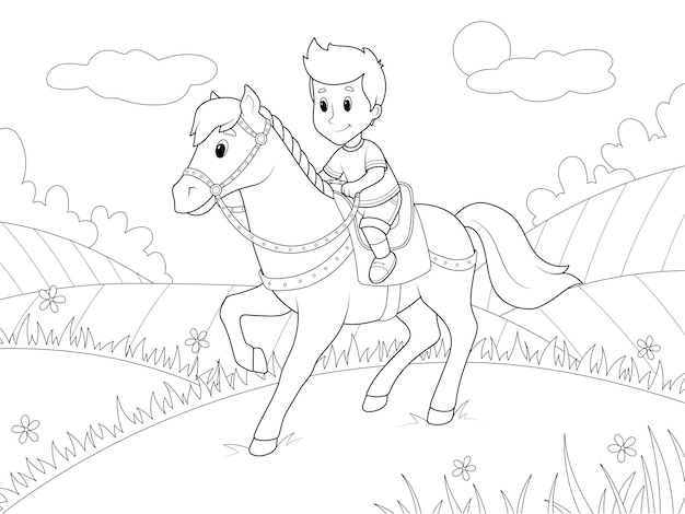 Vector niño, equitación, un, pony, plano de fondo, naturaleza, campo, y, meadow, libro colorear, vector