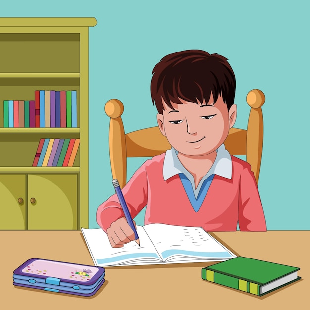 Niño escribiendo en un cuaderno con un lápiz con estantería en la parte posterior ilustración vectorial