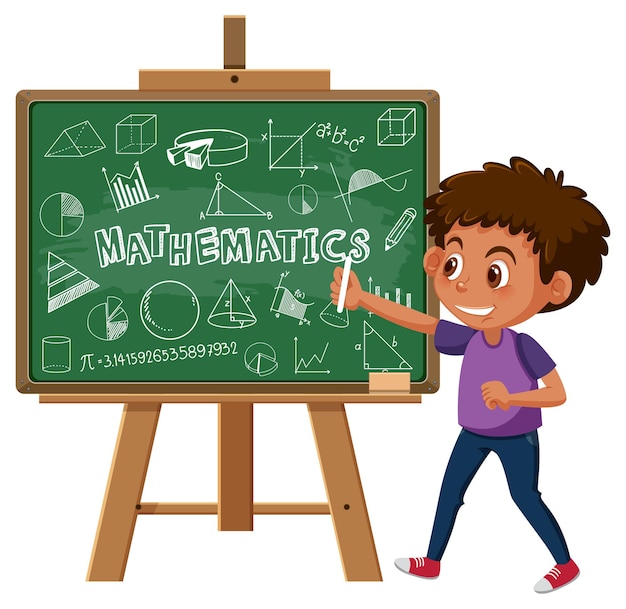 Niño escribiendo fórmula matemática en la pizarra