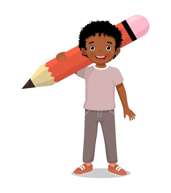 Vector un niño de escuela africano con un lápiz grande.