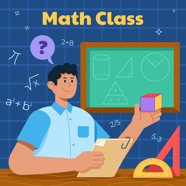 Vector niño de escuela aprende matemáticas y física