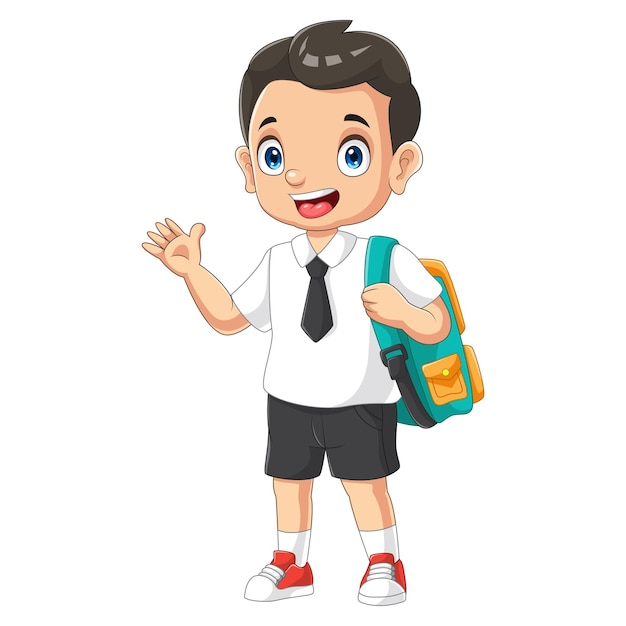 Niño de escuela de dibujos animados en uniforme agitando la mano
