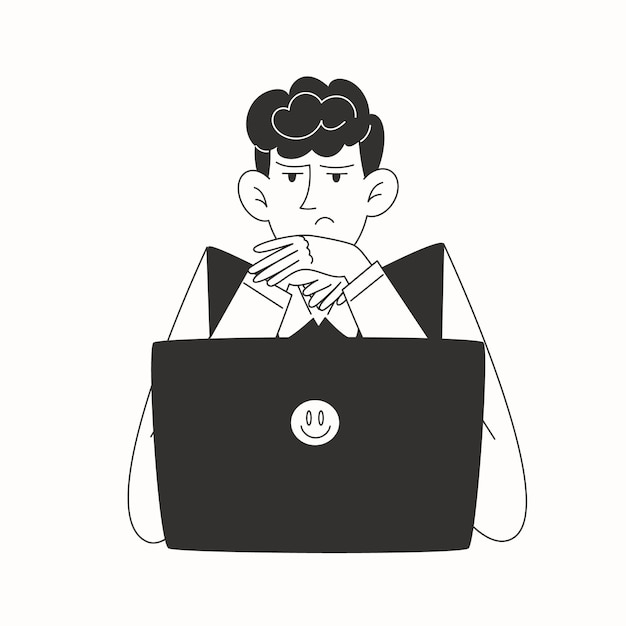 Niño de escuela enfocado en la tarea mirando la computadora portátil en ilustración en blanco y negro