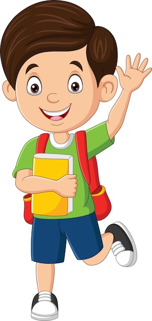 Vector niño de escuela feliz agitando la mano