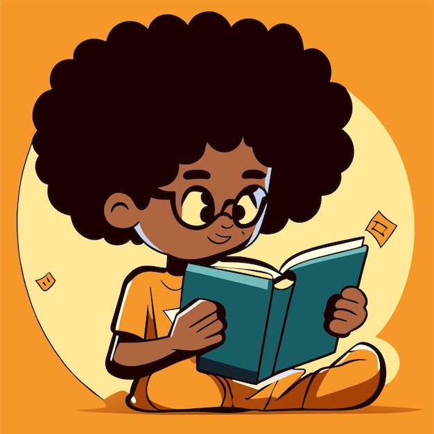 Vector niño de escuela leyendo un libro dibujado a mano plano elegante pegatina de dibujos animados concepto de icono aislado