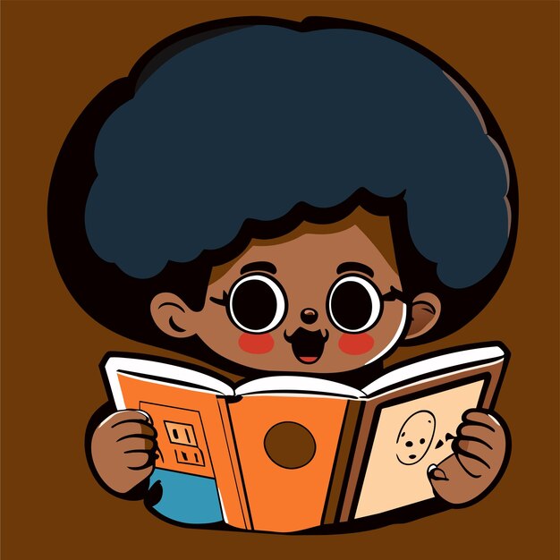 Vector niño de escuela leyendo un libro dibujado a mano plano elegante pegatina de dibujos animados concepto de icono aislado