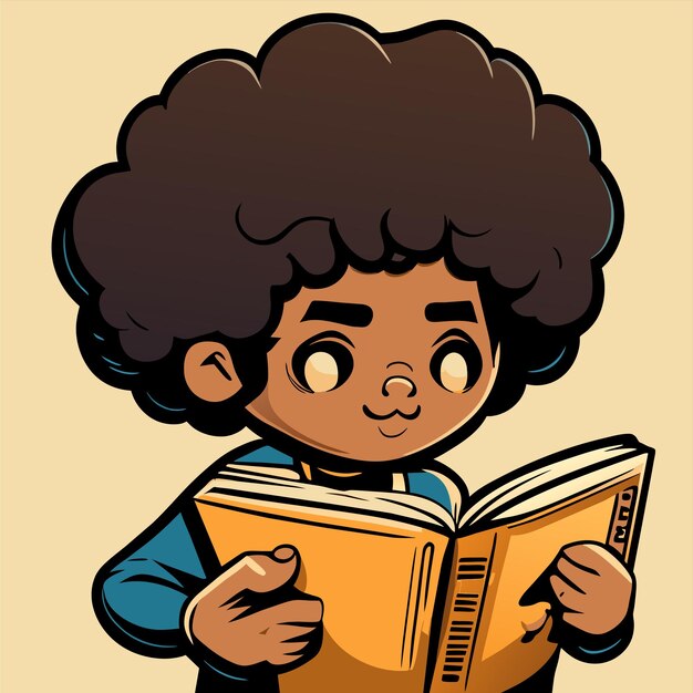 Vector niño de escuela leyendo un libro dibujado a mano plano elegante pegatina de dibujos animados concepto de icono aislado