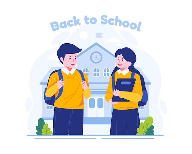 Un niño de la escuela y una niña de la escuela con mochilas están de regreso a la escuela ilustración del concepto de regreso a la escuela
