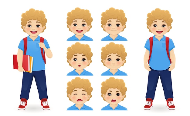Niño de escuela sosteniendo libro con emociones de mochila conjunto ilustración vectorial aislado