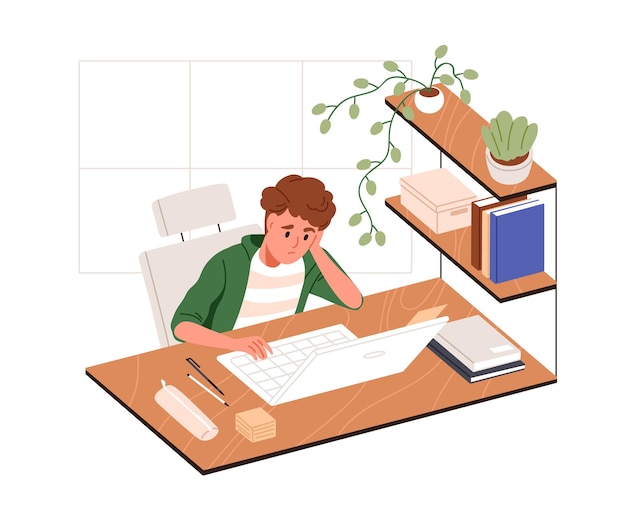 Niño de escuela triste estudiando sentado en una computadora portátil en casa Niño aburrido aprendiendo en línea Niño cansado estudiante problemas con la tarea Ilustración gráfica vectorial plana aislada en fondo blanco