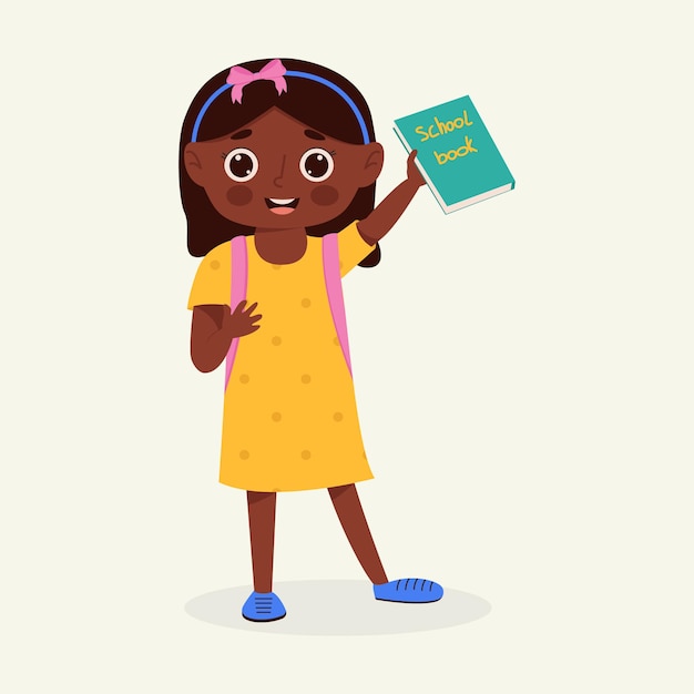 Niño de la escuela con útiles escolares Niño con mochila y libro Personaje de dibujos animados coloridos