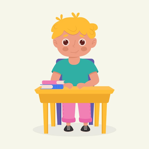 Niño de la escuela con útiles escolares sentado en un escritorio de la escuela Niño con mochila y libro