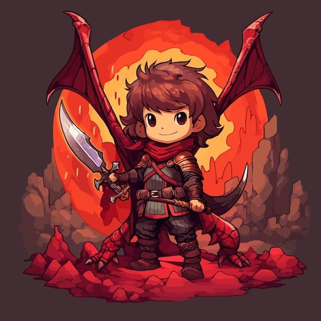 Un niño con una espada y un fondo rojo.