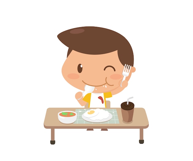 El niño está comiendo alimentos solo
