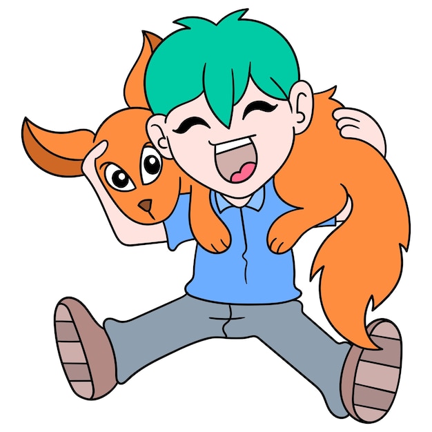 El niño se está divirtiendo calentándose con su piel de gato mascota, arte de ilustración vectorial. imagen de icono de doodle kawaii.