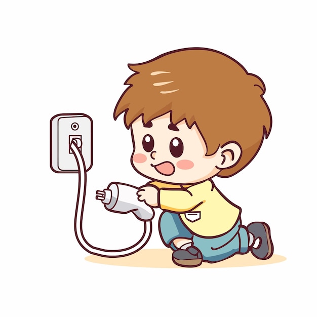 un niño está jugando con un enchufe eléctrico y una imagen de un niño con un cable conectado a él