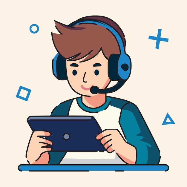 El niño está jugando a un juego móvil y usando auriculares. Ilustración vectorial de diseño plano.