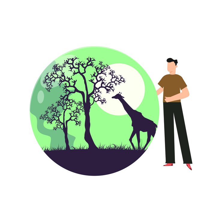 Vector un niño está mirando a los animales en el bosque.