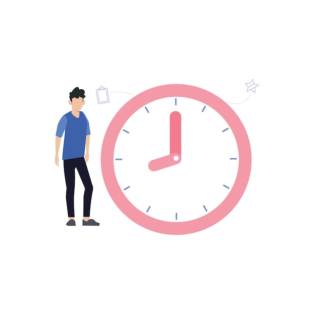 El niño está parado junto al reloj.