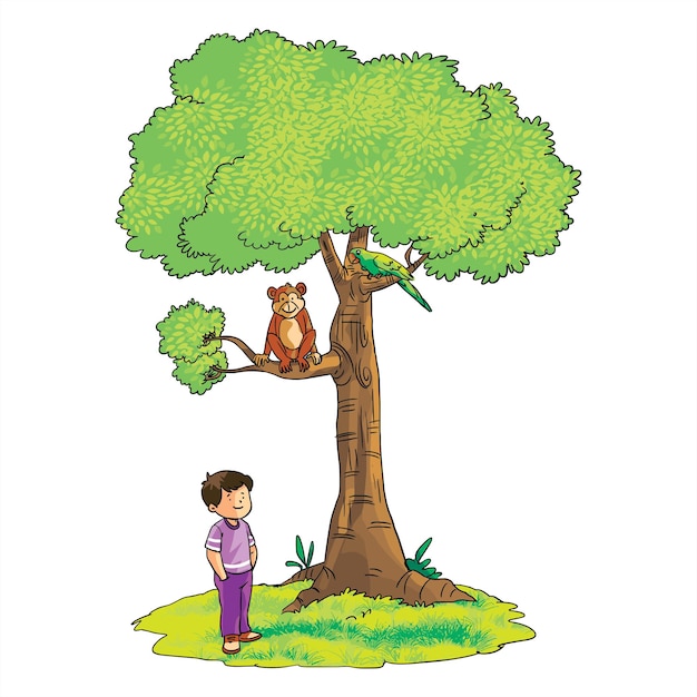 Un niño está de pie bajo un árbol un mono y un loro están sentados