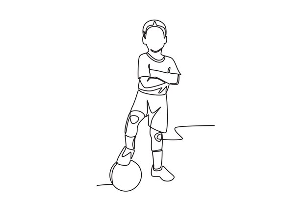 Un niño está posando mientras pisa una pelota Kid footsal concepto dibujo en línea