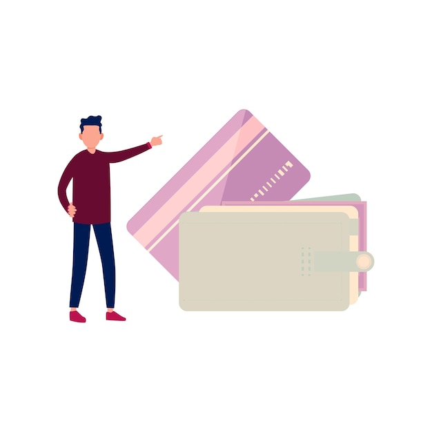 Un niño está señalando las tarjetas de crédito en la billetera