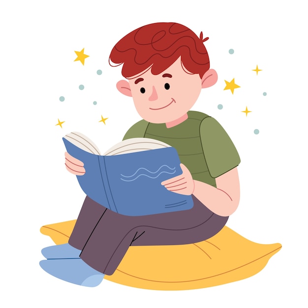 Un niño está sentado en una almohada y lee un libro. Al niño le encanta leer.