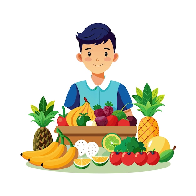 un niño está sentado frente a una canasta de frutas con una canasta De frutas