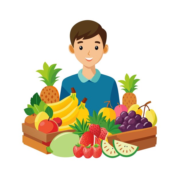 un niño está sentado frente a una canasta de frutas