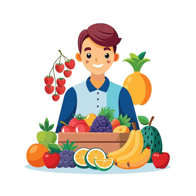 un niño está sentado frente a un montón de frutas y verduras