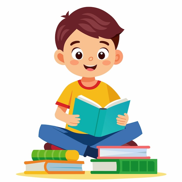 un niño está sentado en una pila de libros con un fondo blanco