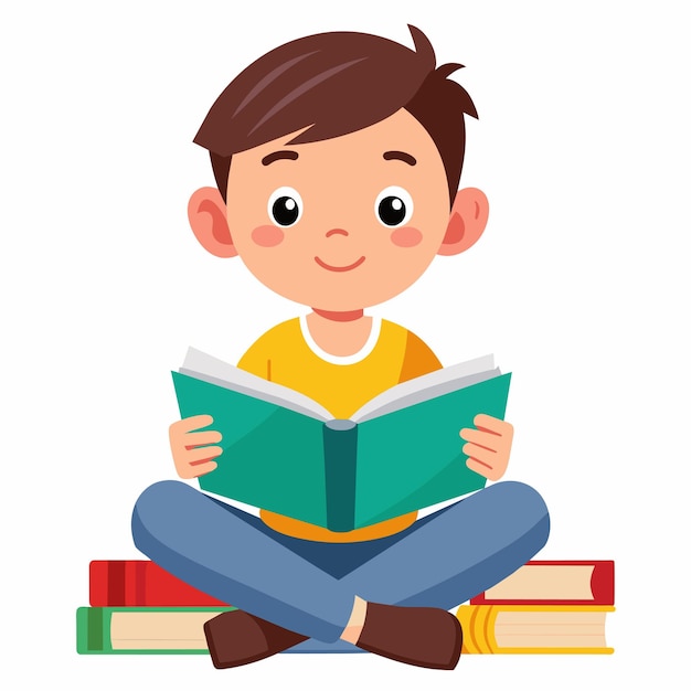 un niño está sentado en una pila de libros con una imagen de un niño leyendo un libro