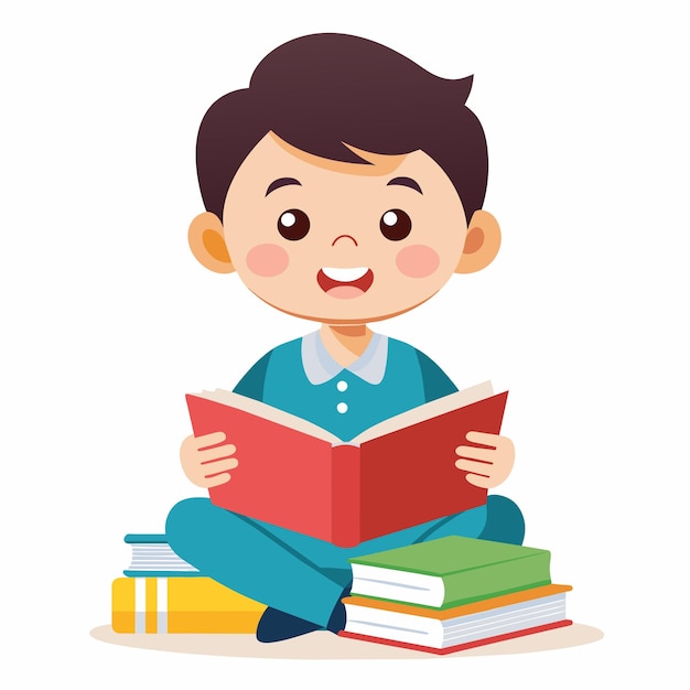 un niño está sentado en el suelo y leyendo un libro