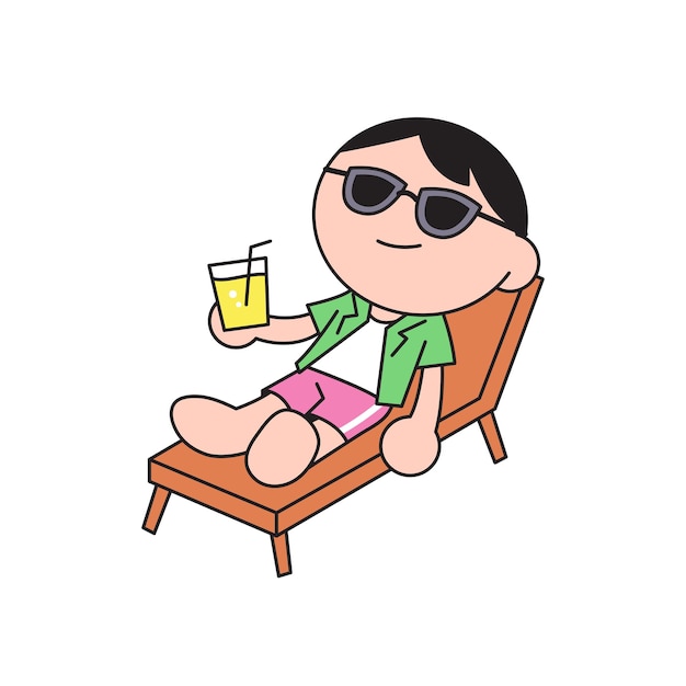 Un niño está tendido en una cama de sol y sosteniendo una bebida Él está disfrutando de su viaje personaje de estilo de dibujos animados