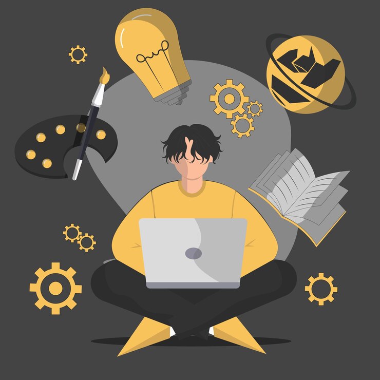Vector un niño está trabajando en una computadora portátil