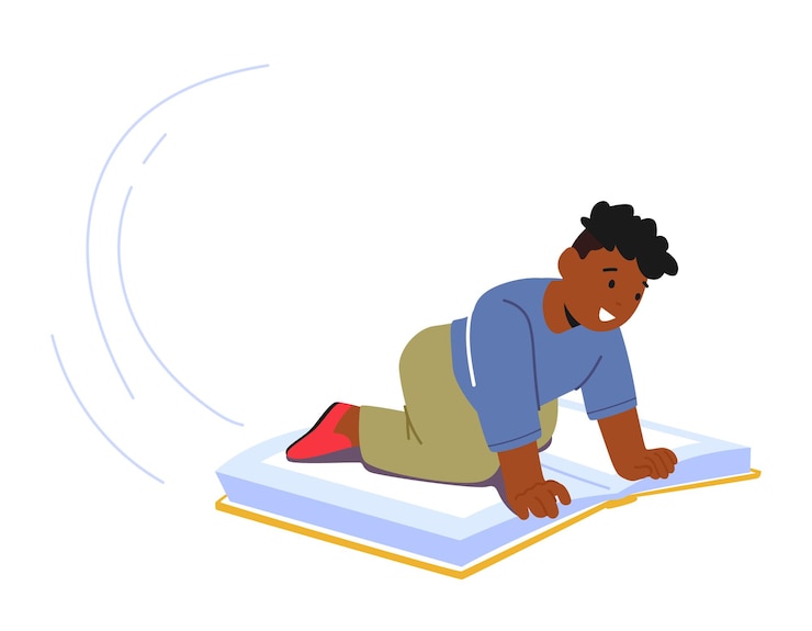Vector el niño está volando encima de un libro enorme que se eleva por el aire con una mirada de asombro y emoción en la ilustración del vector de la cara