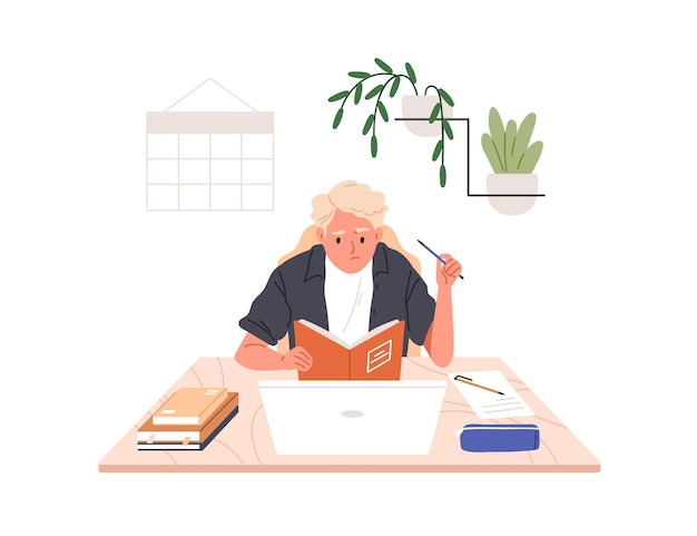 Niño estudiando en casa haciendo tareas difíciles Niño aprendiendo con libro y portátil en el escritorio pensando Estudiante de escuela preocupado fallando en una tarea Ilustración vectorial plana aislada en fondo blanco