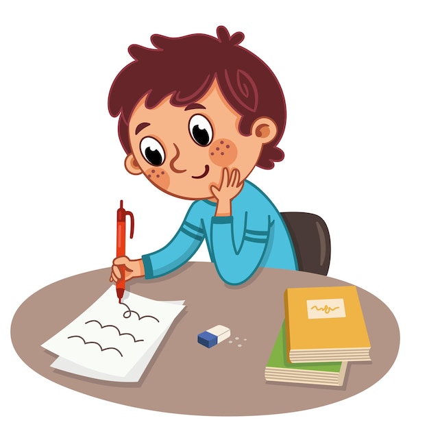 Vector un niño está estudiando en una ilustración de vector de mesa