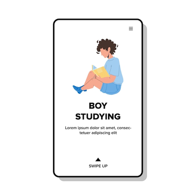 Niño estudiando y leyendo Vector de libro educativo. Niño estudiando y leyendo literatura de educación enciclopedia o alfabeto. Niño de personaje sentado en el piso y aprendiendo ilustración de dibujos animados plana web
