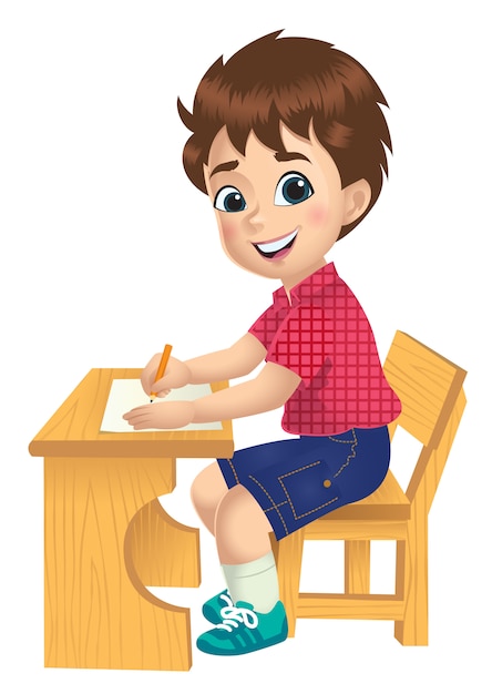 Vector un niño estudiando en la mesa