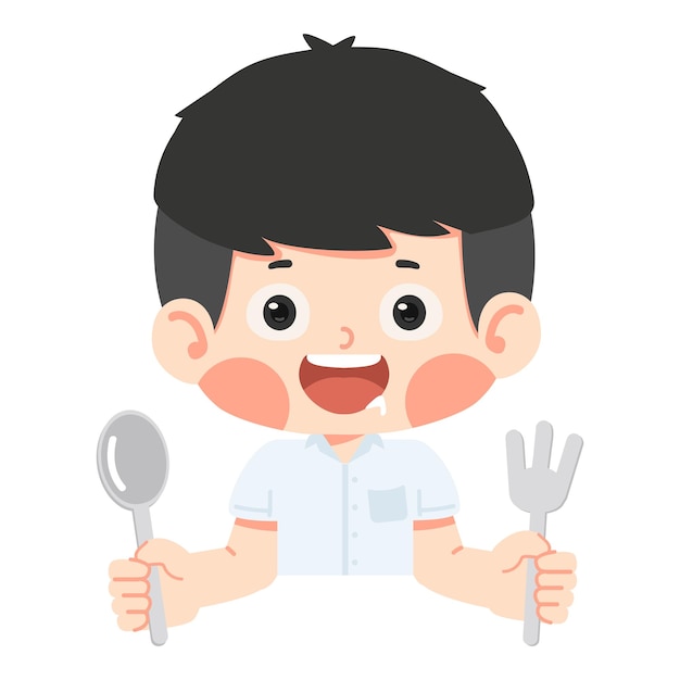 Niño estudiante hambriento con un tenedor y una cuchara