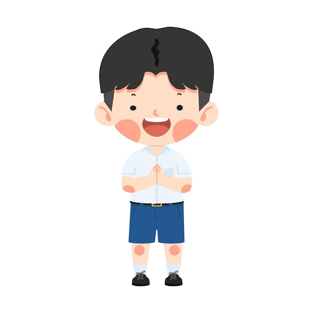 Niño estudiante tailandés saludando Sawasdee vector